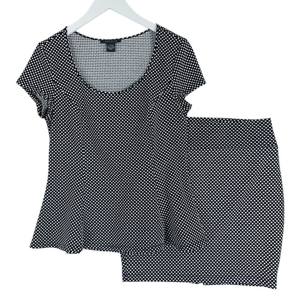 Suzy Shier Black White  Polka Dot Peplum Top Blouse Stretch & skirt sz large set - Picture 1 of 16